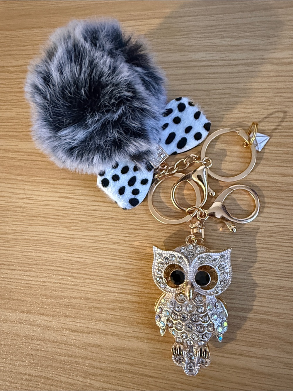 Gold and Silver Owl Crystal Purse Charm New with Faux Fur Puff!